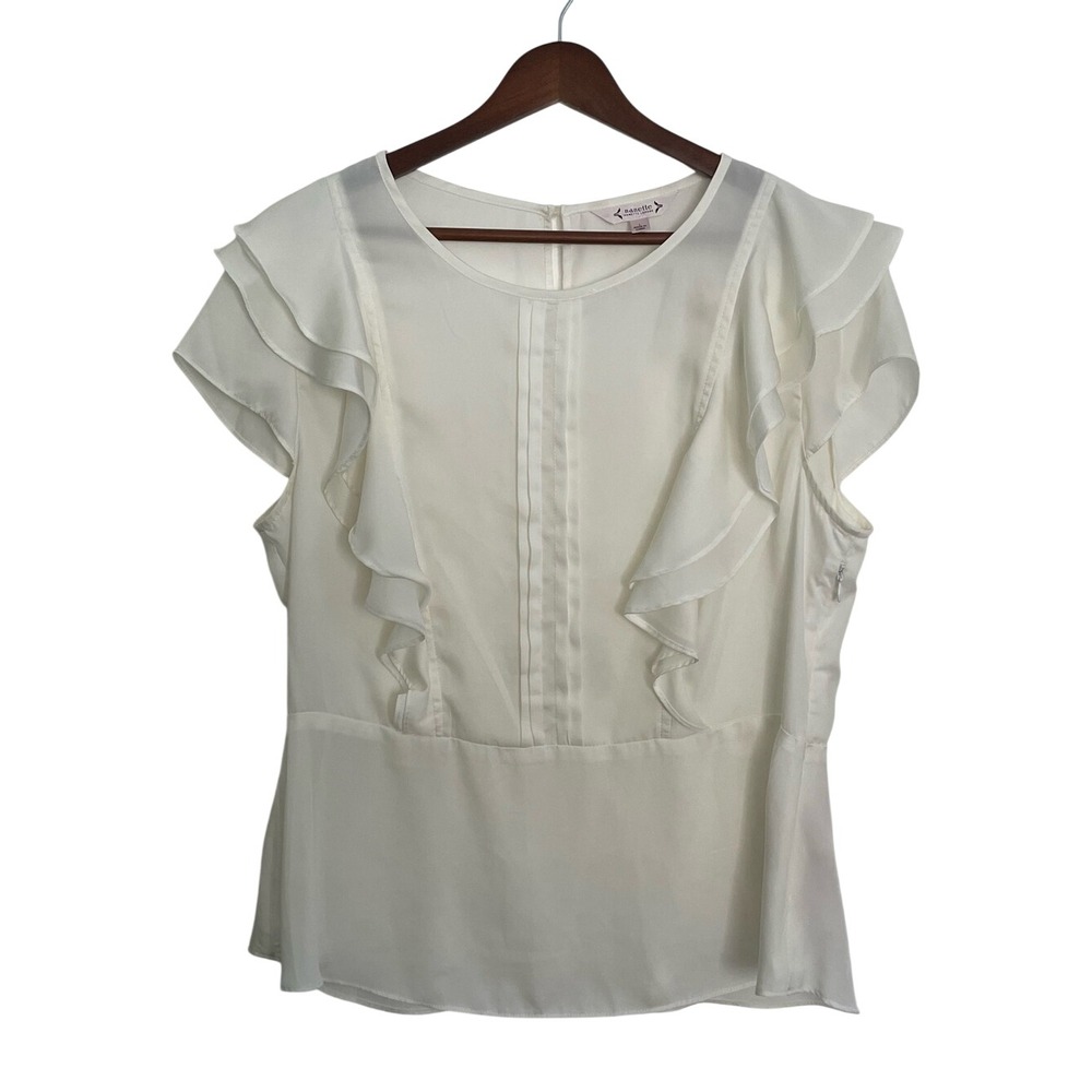 Nanette Nanette Lepore Blouse Womens L Ivory Ruffle Flutter Sleeve Peplum Top
